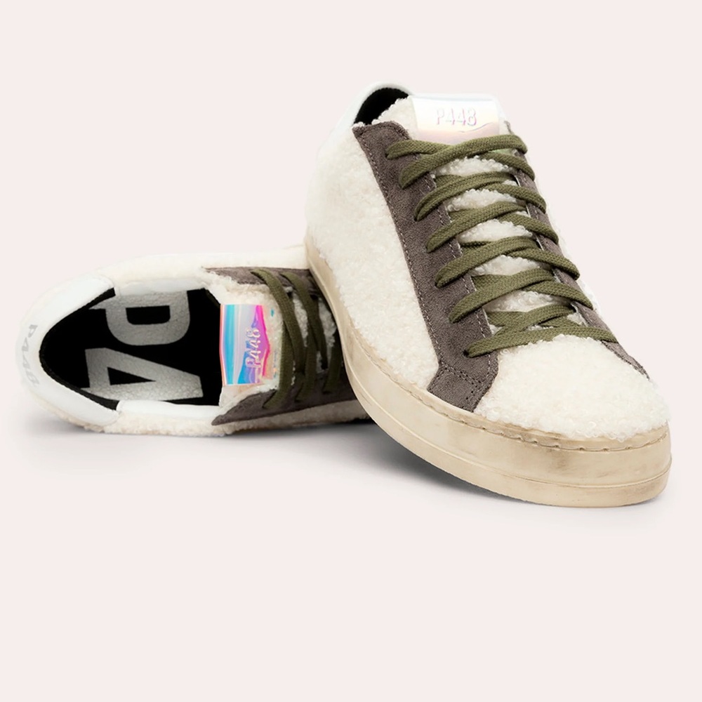 NEW P448 John Wad Sherpa Low-Top Sneakers – Green/Cream – Size 6